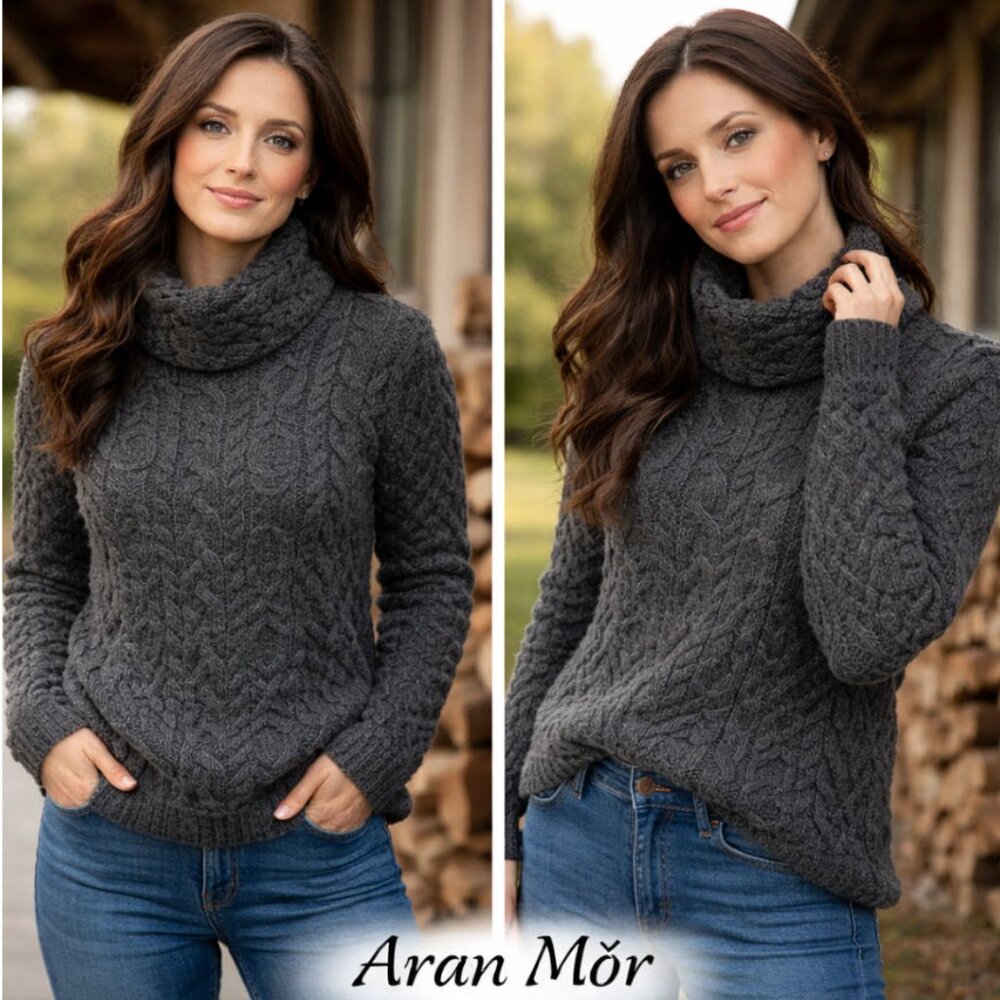 Aran Mór Grey Merino Wool Cable Cowl Turtleneck Sweater size medium